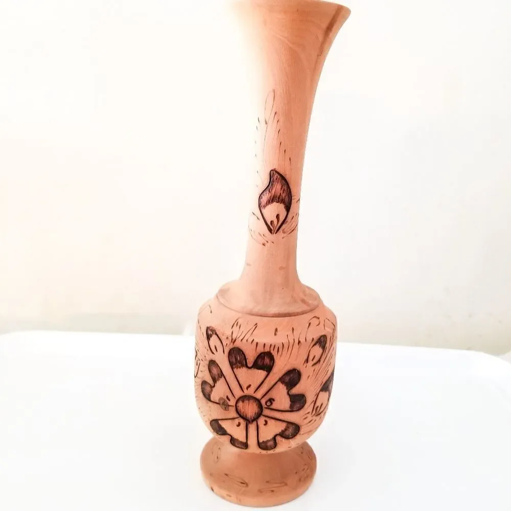 Handcrafted wooden vase burned accents